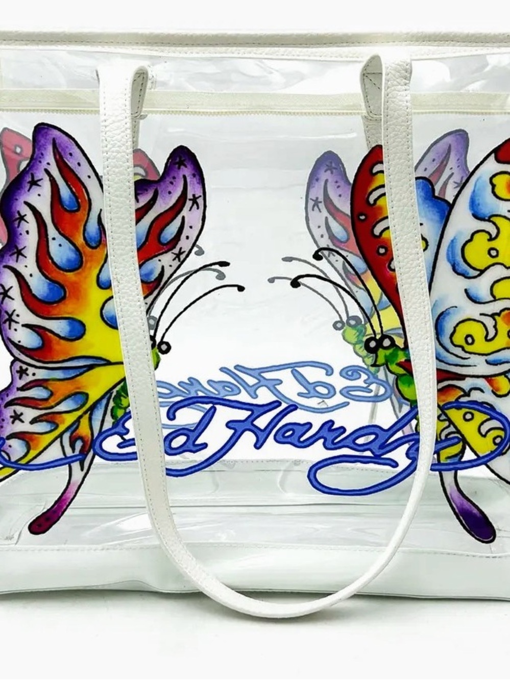 Ed Hardy White Clear Tote with Multicolor Butterfly Graphics